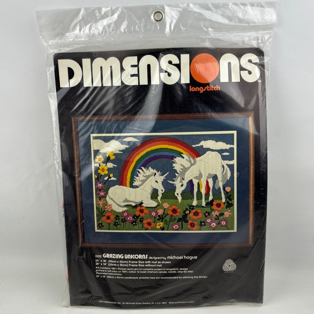 Vintage Dimensions Grazing Unicorns Longstitch Kit 2222 Rainbow Flowers 1982 NEW